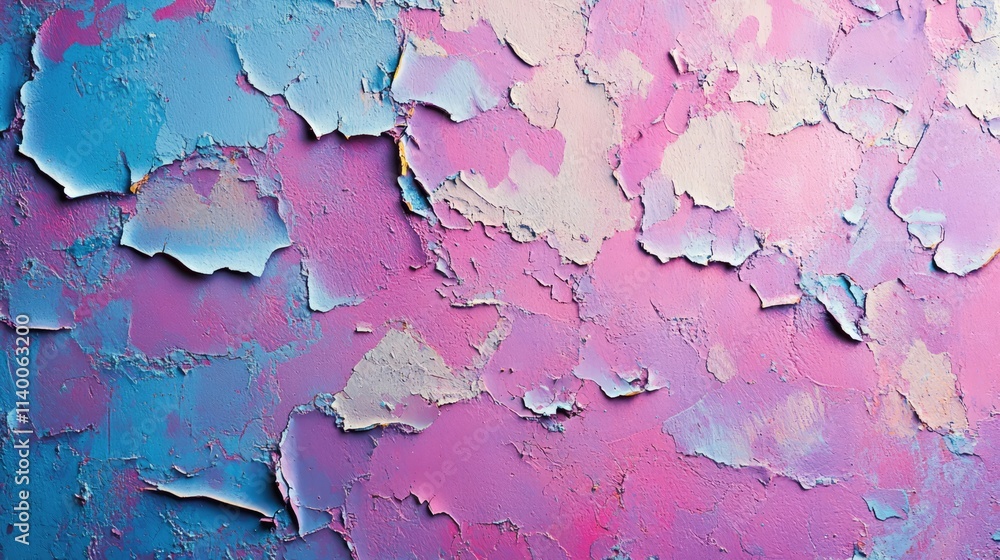 Colorful peeling paint texture on a wall with abstract patterns showcasing aged and cracked surface in vibrant hues of pink and blue. Colorful peeling paint texture on a wall with abstract patterns showcasing aged and cracked surface in vibrant hues of pink and blue.