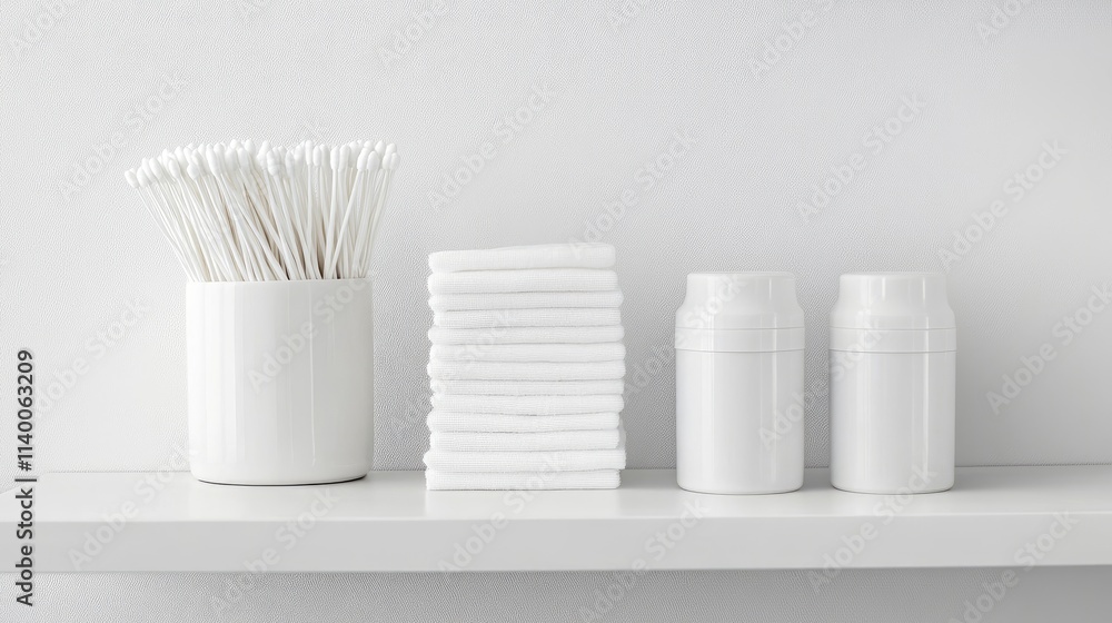 Minimalist bathroom shelf with cotton swabs and neatly stacked towels in white containers on a clean white background Minimalist bathroom shelf with cotton swabs and neatly stacked towels in white containers on a clean white background