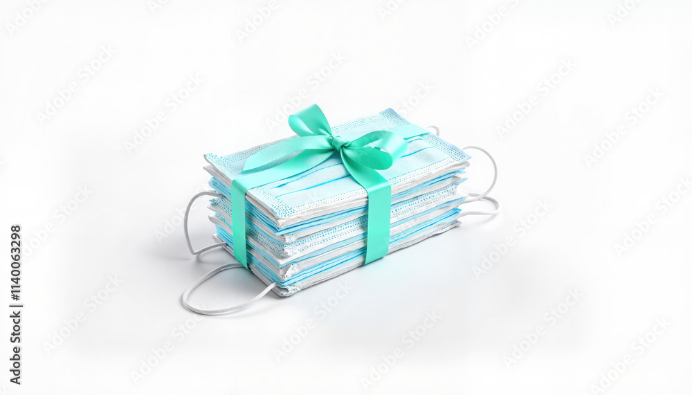 Obraz premium Stack of blue face masks tied with green ribbon on white background