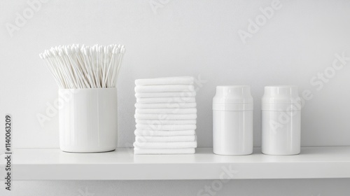 Minimalist bathroom shelf with cotton swabs and neatly stacked towels in white containers on a clean white background photo