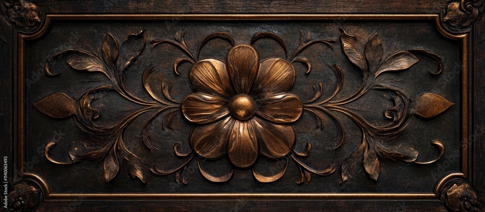 Intricate wood carving of a floral design with golden accents symbolizing good fortune and New Year celebrations in a vintage style Intricate wood carving of a floral design with golden accents symbolizing good fortune and New Year celebrations in a vintage style