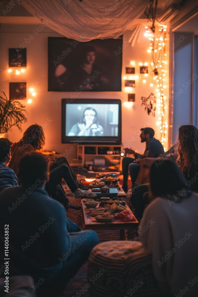 Group watches TV, snacks, warm lighting, cozy room. Group watches TV, snacks, warm lighting, cozy room.