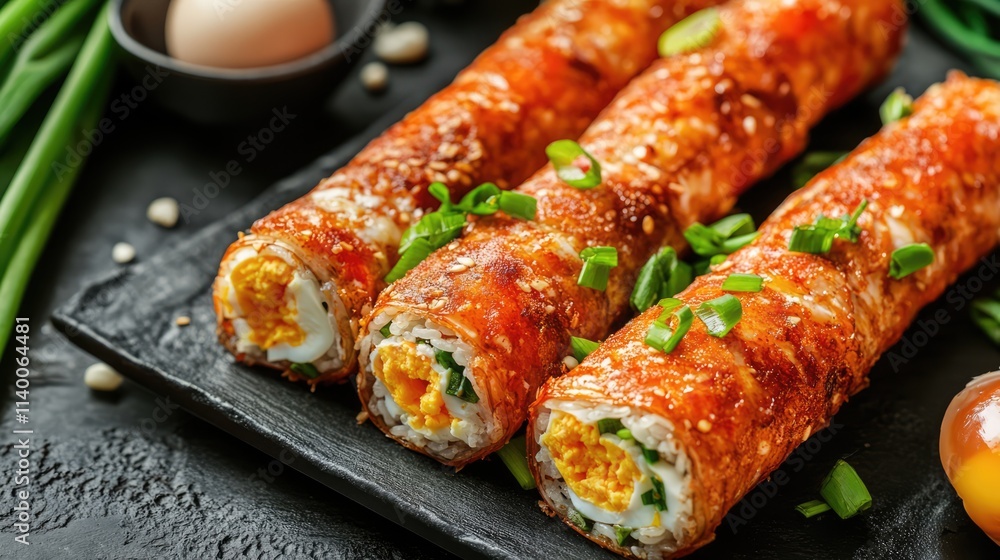 Crispy crab sticks filled with rice and egg garnished with green onions served on a black slate plate with fresh ingredients Crispy crab sticks filled with rice and egg garnished with green onions served on a black slate plate with fresh ingredients