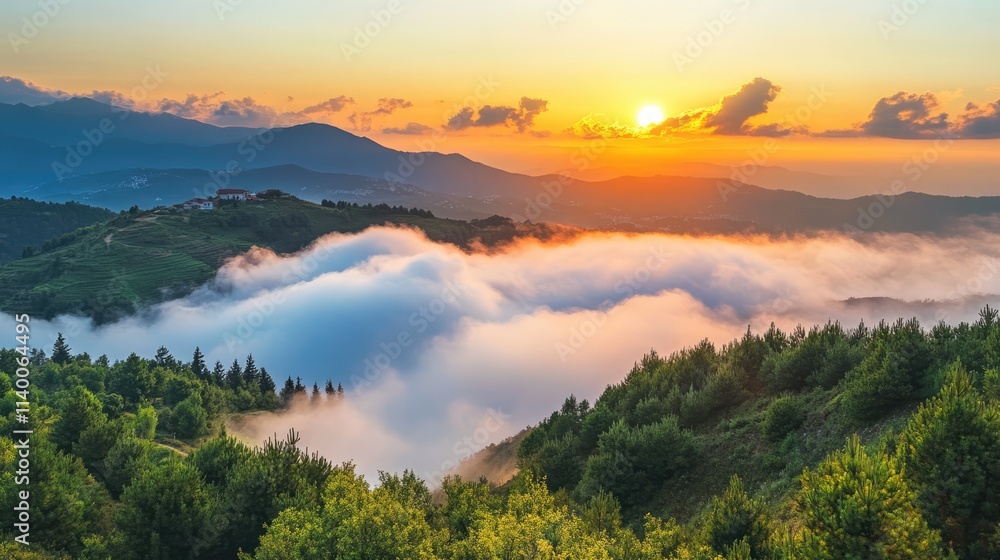 Sunset over hills with clouds and mist creating a serene landscape at dusk, showcasing nature's beauty and tranquility. Sunset over hills with clouds and mist creating a serene landscape at dusk, showcasing nature's beauty and tranquility.
