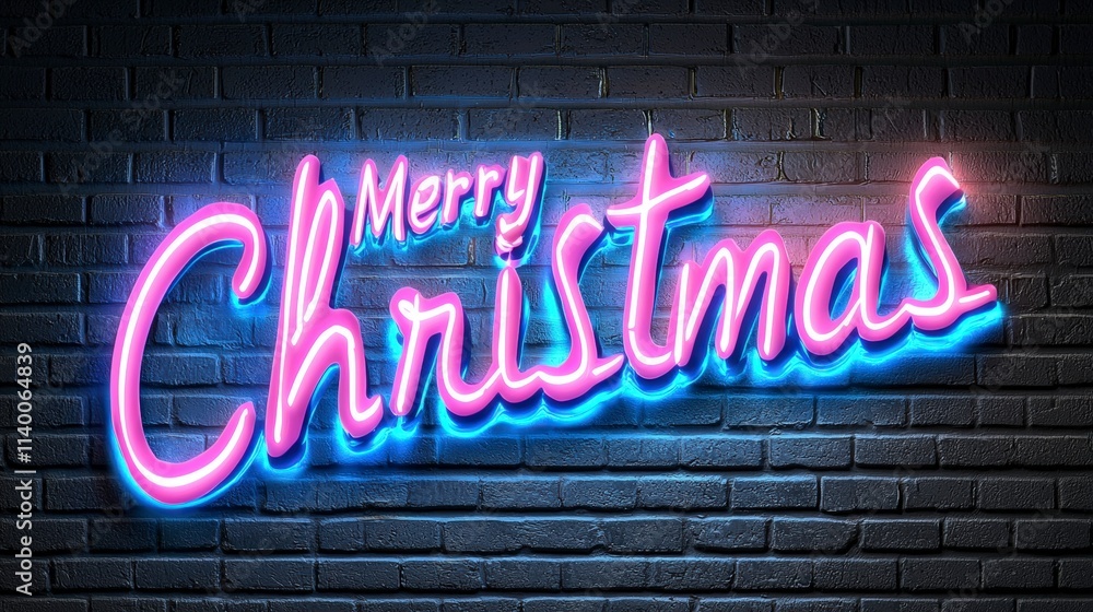 Festive Merry Christmas Neon Sign on Brick Wall Festive Merry Christmas Neon Sign on Brick Wall