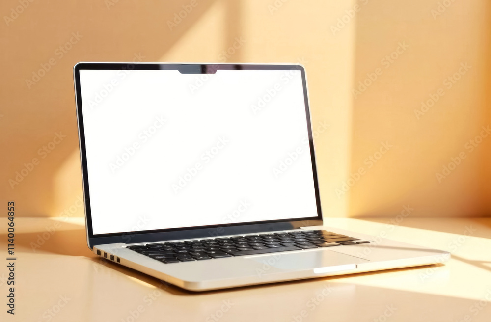 mockup of brown case laptop display standing on brown table against brown wall mockup of brown case laptop display standing on brown table against brown wall