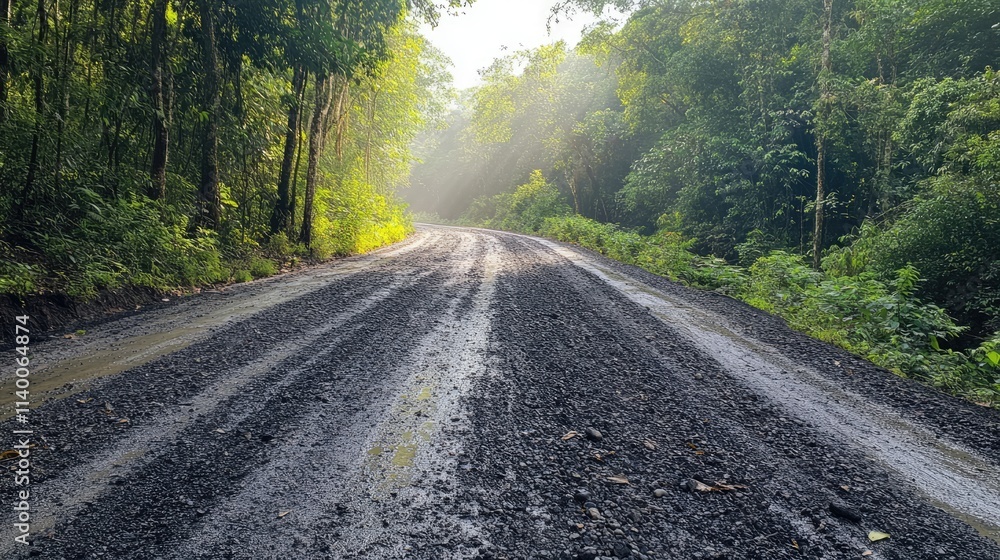Gravel road winding through lush green forest with wet trees and sun rays illuminating the scene creating a serene nature atmosphere Gravel road winding through lush green forest with wet trees and sun rays illuminating the scene creating a serene nature atmosphere