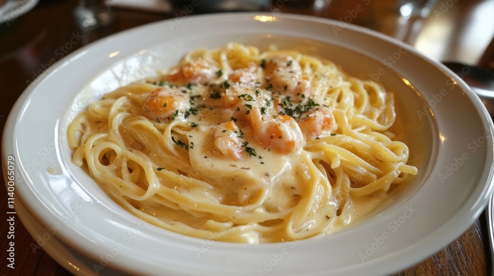 Linguine pasta served with creamy scampi sauce and garnished with parsley in an elegant restaurant setting Linguine pasta served with creamy scampi sauce and garnished with parsley in an elegant restaurant setting