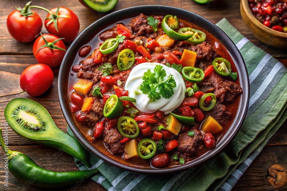 Delicious Beef Chilli with Sour Cream & Jalapeno - Drone Shot Food Photography Delicious Beef Chilli with Sour Cream & Jalapeno - Drone Shot Food Photography