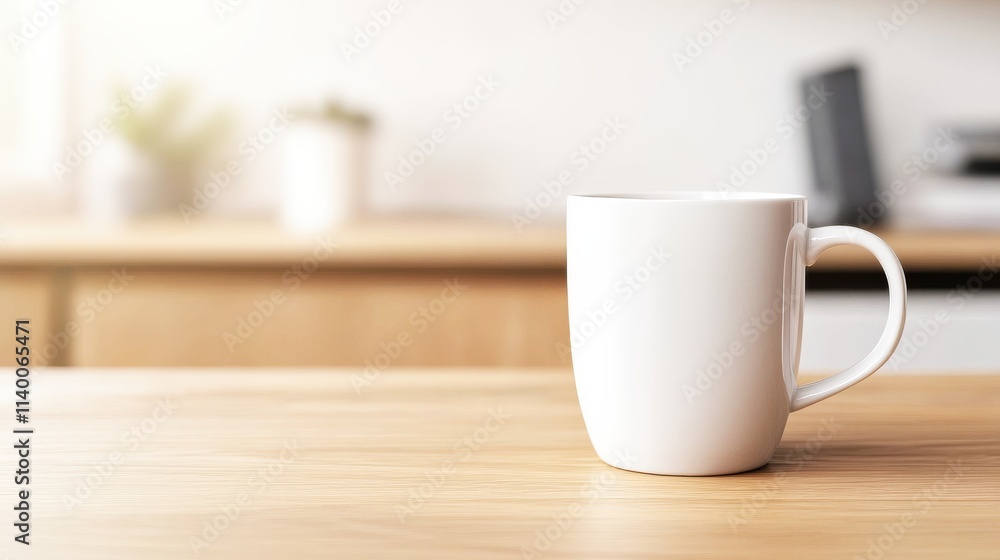 A minimalist white mug sits on a wooden table, with a softly blurred kitchen background, creating a calm and inviting atmosphere. A minimalist white mug sits on a wooden table, with a softly blurred kitchen background, creating a calm and inviting atmosphere.