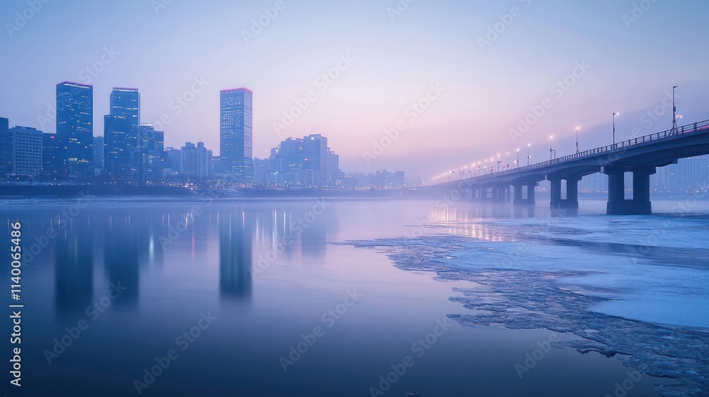 Naklejka premium Calm winter cityscape at dawn, river reflects city skyline and bridge.