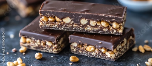 Decadent Chocolate Coated Candy Bar with Nuts and Crunchy Layered Texture on Slate Background photo