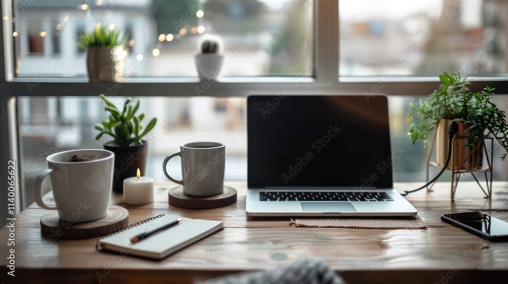 Fototapeta premium Cozy Home Office Setup by the Window with Laptop, Coffee, and Plants