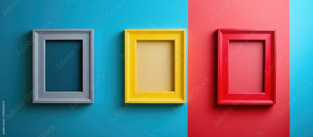 Colorful empty frames displayed on contrasting blue and red backgrounds for showcasing images or text in modern interior design. Colorful empty frames displayed on contrasting blue and red backgrounds for showcasing images or text in modern interior design.