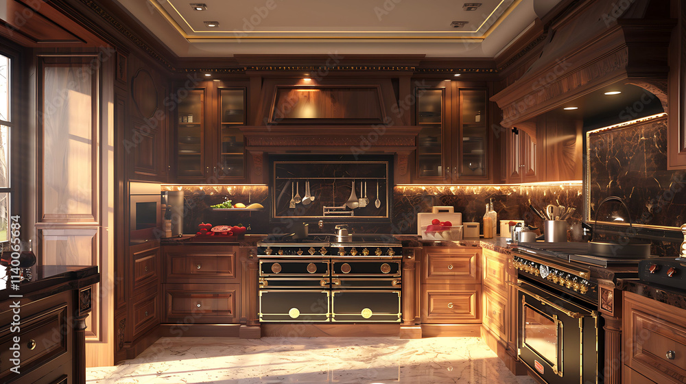 A gourmet kitchen with high-end appliances and a glass backsplash, A gourmet kitchen with high-end appliances and a glass backsplash,