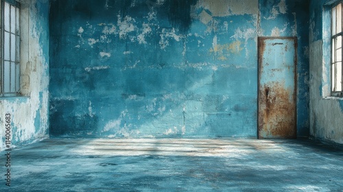 Weathered blue concrete floor with distressed walls and aged door in an empty room ambiance. Perfect for textured backgrounds and design elements. photo