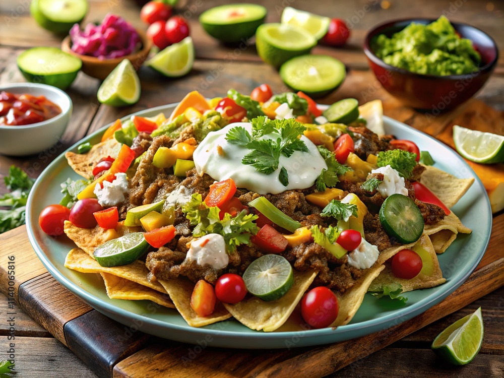 Delicious Organic Beef Nachos, Gourmet Macro Food Photography Delicious Organic Beef Nachos, Gourmet Macro Food Photography