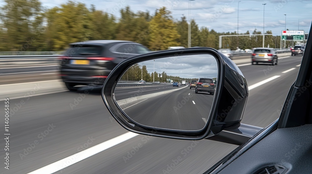 Rearview mirror captures a congested highway filled with blurred cars, highlighting a dynamic driving experience during sunset Rearview mirror captures a congested highway filled with blurred cars, highlighting a dynamic driving experience during sunset