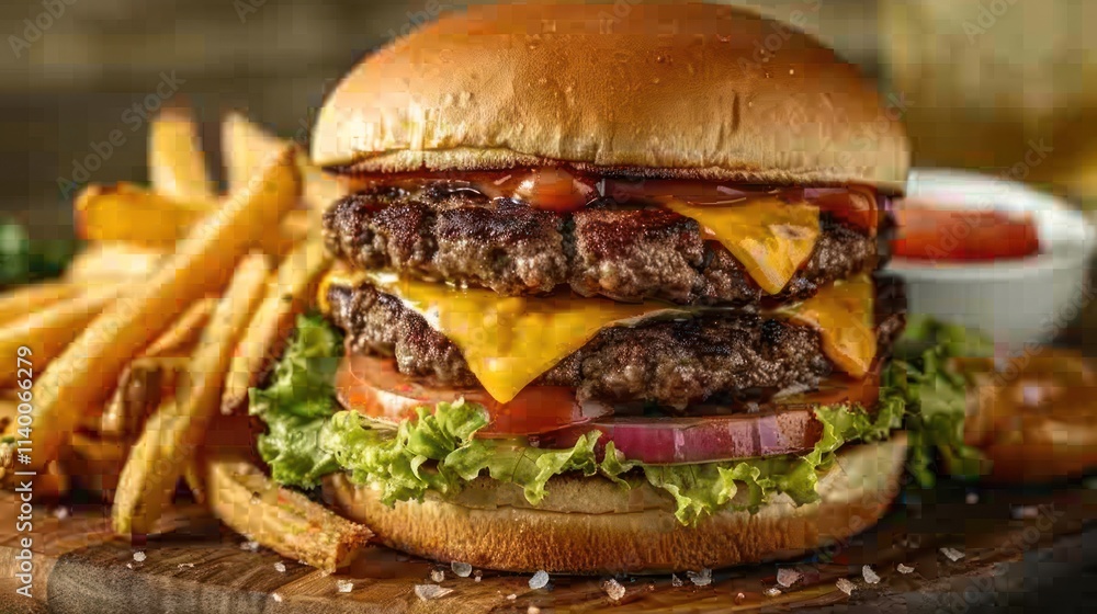 Delicious Double Cheeseburger with Fries Delicious Double Cheeseburger with Fries