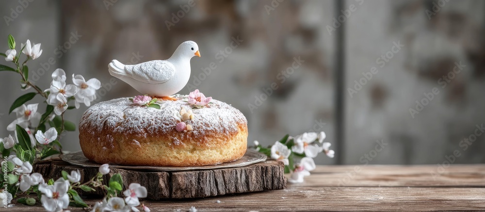 Easter Colomba Cake decorated with a white dove on rustic wooden surface surrounded by blossoms for festive celebration imagery Easter Colomba Cake decorated with a white dove on rustic wooden surface surrounded by blossoms for festive celebration imagery