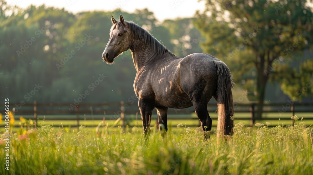 Serene Gray Horse in Golden Hour Pasture Serene Gray Horse in Golden Hour Pasture