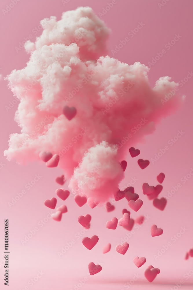 Hot pink Hearts fall from the fluffy pink cloud on a pastel pink background. Valentine's, romantic, dreamy concept.