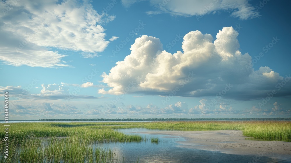 Swampy beach landscape with rolling clouds under a blue sky and lush green grasses near calm waters Swampy beach landscape with rolling clouds under a blue sky and lush green grasses near calm waters