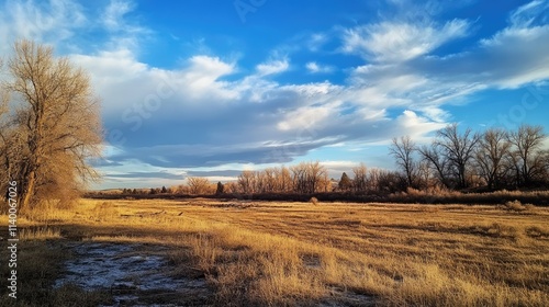 tranquil landscape with cloudy blue sky and golden grass under natural light during daytime in a serene rural setting photo