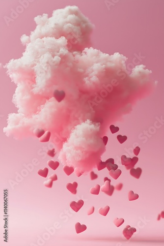 Hot pink Hearts fall from the fluffy pink cloud on a pastel pink background. Valentine's, romantic, dreamy concept.