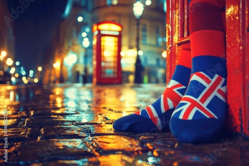 A pair of socks with the British flag on them are sitting on a wet cobblestone s photo