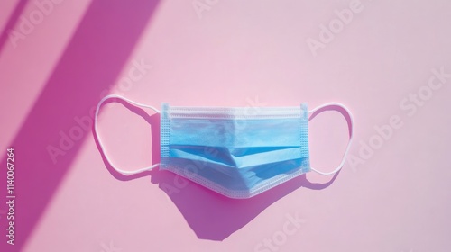 Blue disposable face mask on pink background highlighting health safety and personal protective equipment concepts. photo