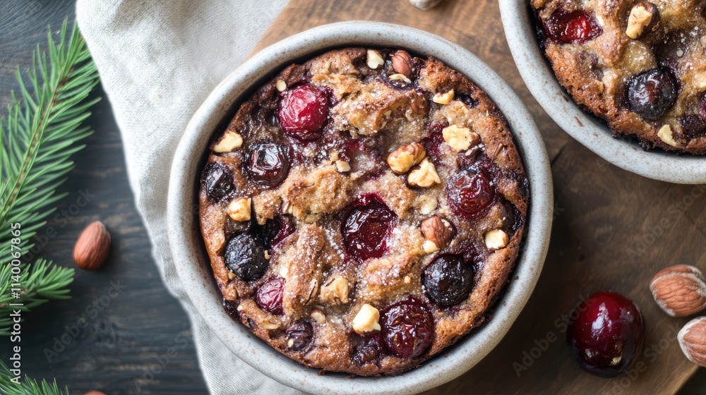 Baked Cranberry and Hazelnut Desserts in Rustic Bowls with Natural Garnish Baked Cranberry and Hazelnut Desserts in Rustic Bowls with Natural Garnish