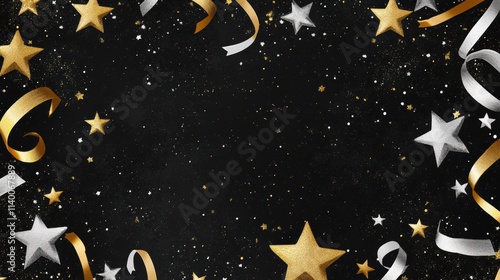 Christmas Background Starry Night Holiday Background with Gold and Silver Stars and Ribbons