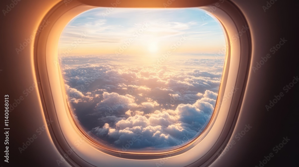 Golden sunrise over fluffy clouds viewed through an airplane window creating a serene travel experience in the sky. Golden sunrise over fluffy clouds viewed through an airplane window creating a serene travel experience in the sky.