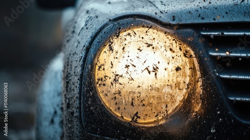 Close-up of a dirty car headlight covered in dust and dead insects highlighting neglect and the impact of outdoor driving conditions photo