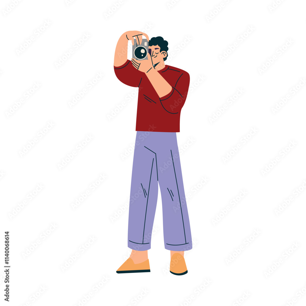 Man Stand with Camera at Shooting Film Movie Production Scene Vector Illustration Man Stand with Camera at Shooting Film Movie Production Scene Vector Illustration