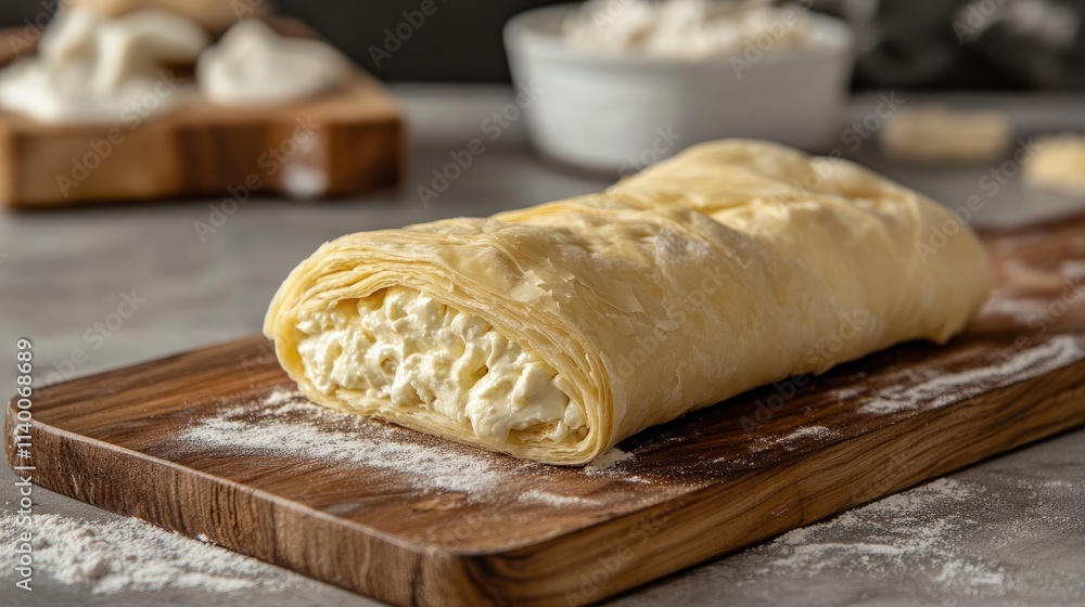 Cream filled pastry roll resting on a wooden board with flour and baking ingredients in a rustic kitchen setting Cream filled pastry roll resting on a wooden board with flour and baking ingredients in a rustic kitchen setting