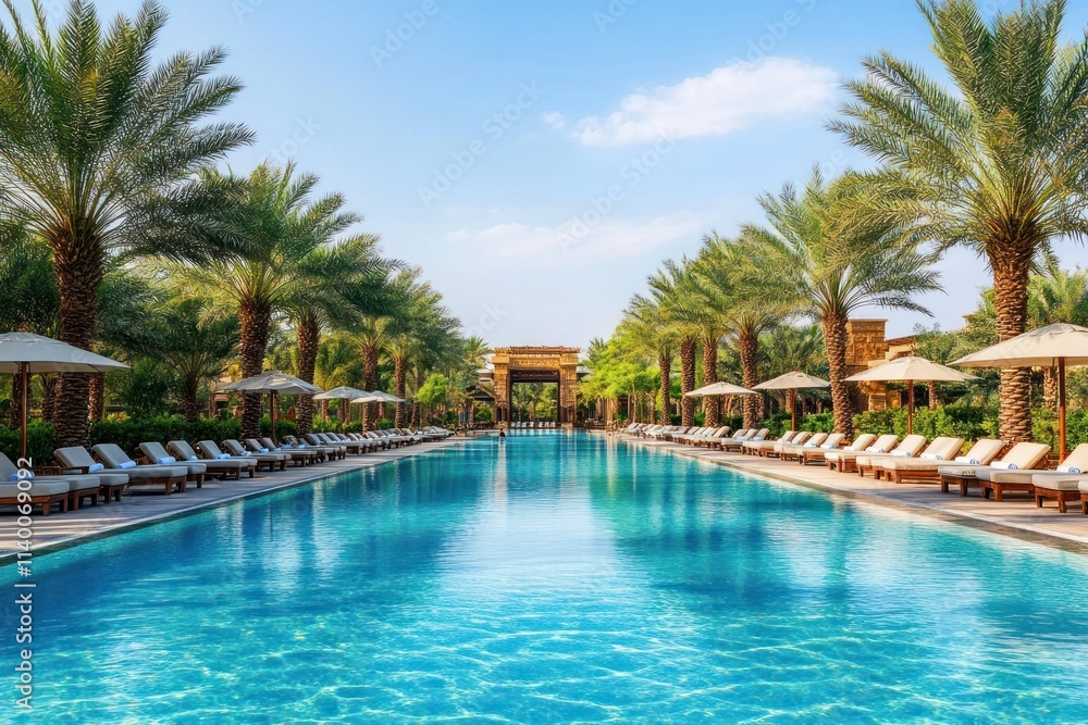 A serene poolside scene with palm trees and lounge chairs, ideal for relaxation and leisure. A serene poolside scene with palm trees and lounge chairs, ideal for relaxation and leisure.