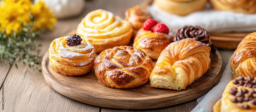 Festive assortment of delicious pastries arranged on a wooden table with floral accents for a holiday celebration concept Festive assortment of delicious pastries arranged on a wooden table with floral accents for a holiday celebration concept