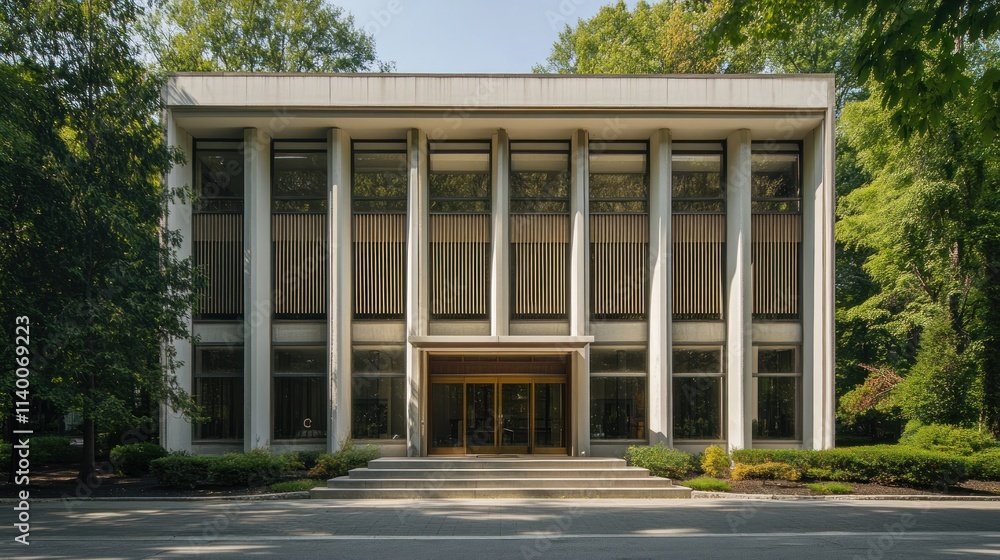 Modernist building facade with columns, steps, and landscaping.