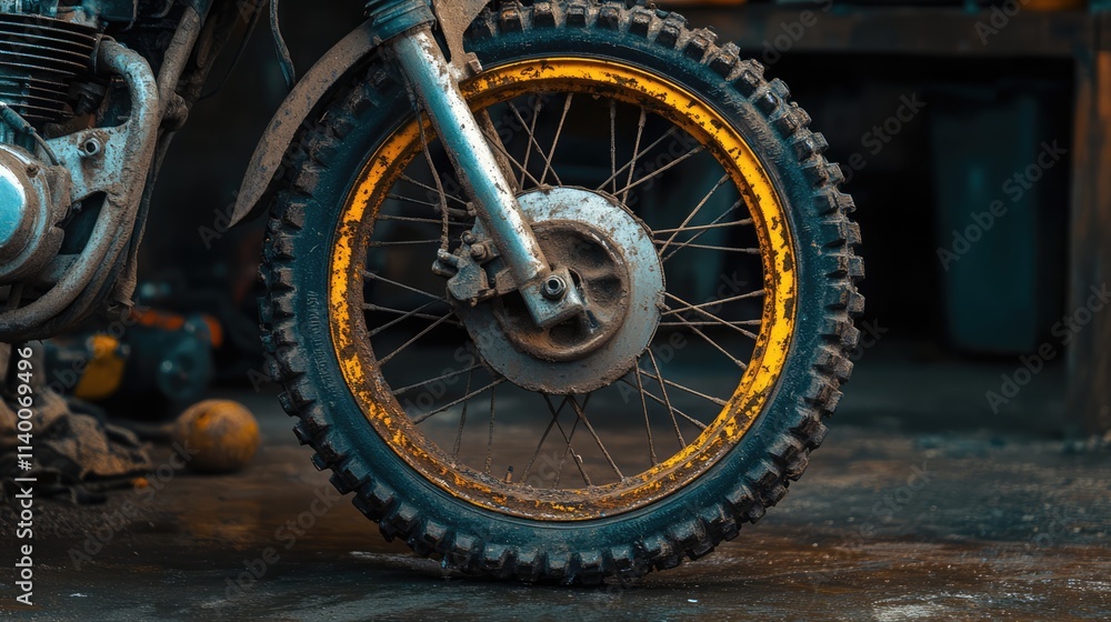 Detailed view of dirty and rusty motorcycle rims showcasing wear and tear in a workshop setting highlighting aging and maintenance needs Detailed view of dirty and rusty motorcycle rims showcasing wear and tear in a workshop setting highlighting aging and maintenance needs