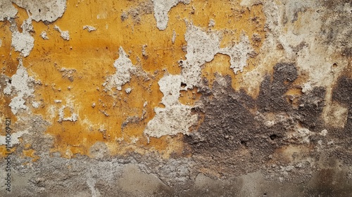 Textured weathered concrete wall with peeling paint and mold showcasing urban decay and aging surfaces. photo