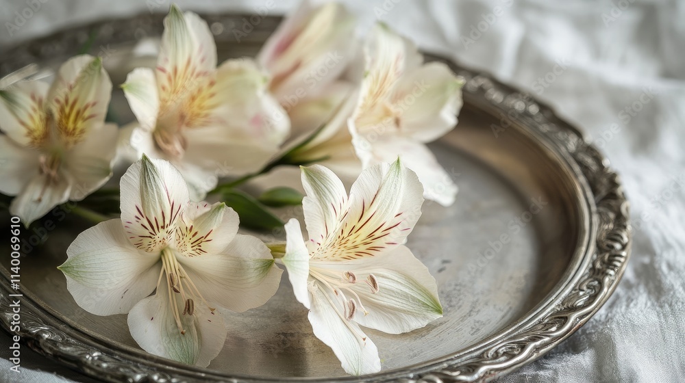 Delicate cream alstroemeria flowers arranged on an elegant vintage silver tray backdrop for a timeless floral arrangement. Delicate cream alstroemeria flowers arranged on an elegant vintage silver tray backdrop for a timeless floral arrangement.