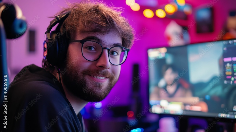 Smiling man gaming, headphones on, colorful room. Smiling man gaming, headphones on, colorful room.