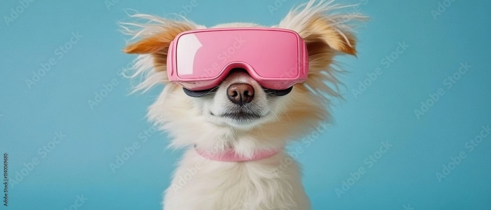 Obraz premium Adorable LongHaired Dog Wearing Pink VR Headset, Futuristic Pet Concept