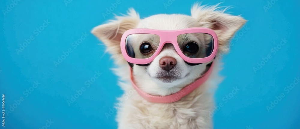 Adorable Chihuahua Puppy Wearing Pink Sunglasses on Blue Background Adorable Chihuahua Puppy Wearing Pink Sunglasses on Blue Background