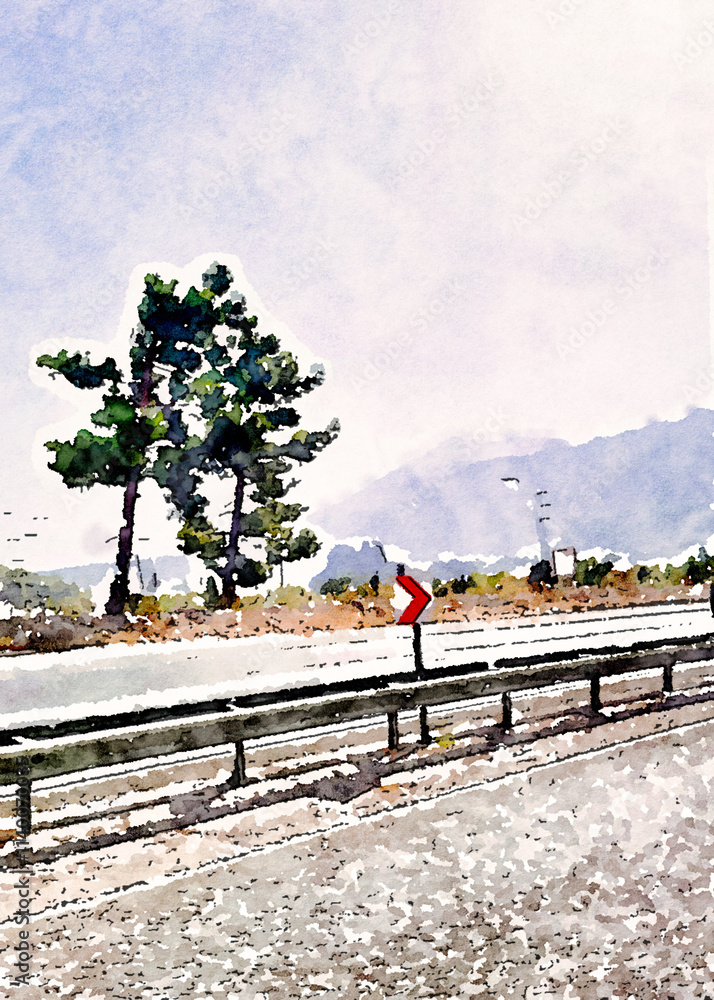Fototapeta premium watercolor illustration rural road mountain background tree traffic sign guardrail