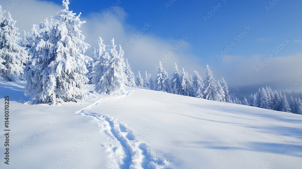 A meadow coated with snow, with a few huge pines sprinkled over the area. A meadow coated with snow, with a few huge pines sprinkled over the area.