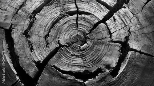 Cracked wood texture showcasing detailed tree rings with an abstract grunge style in a monochromatic background for artistic design projects photo