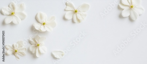 White Cosmea flowers elegantly arranged on a white background highlighting their delicate beauty and simplicity for floral design concepts.